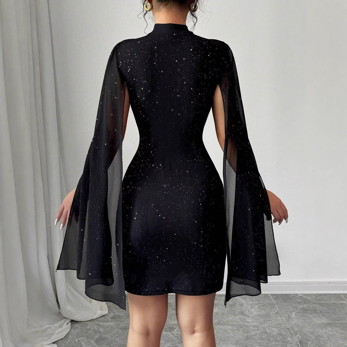 Women Clothing round Neck Sunken Stripe Pearl Chiffon Cape Sheath Dress for Women DestGlow