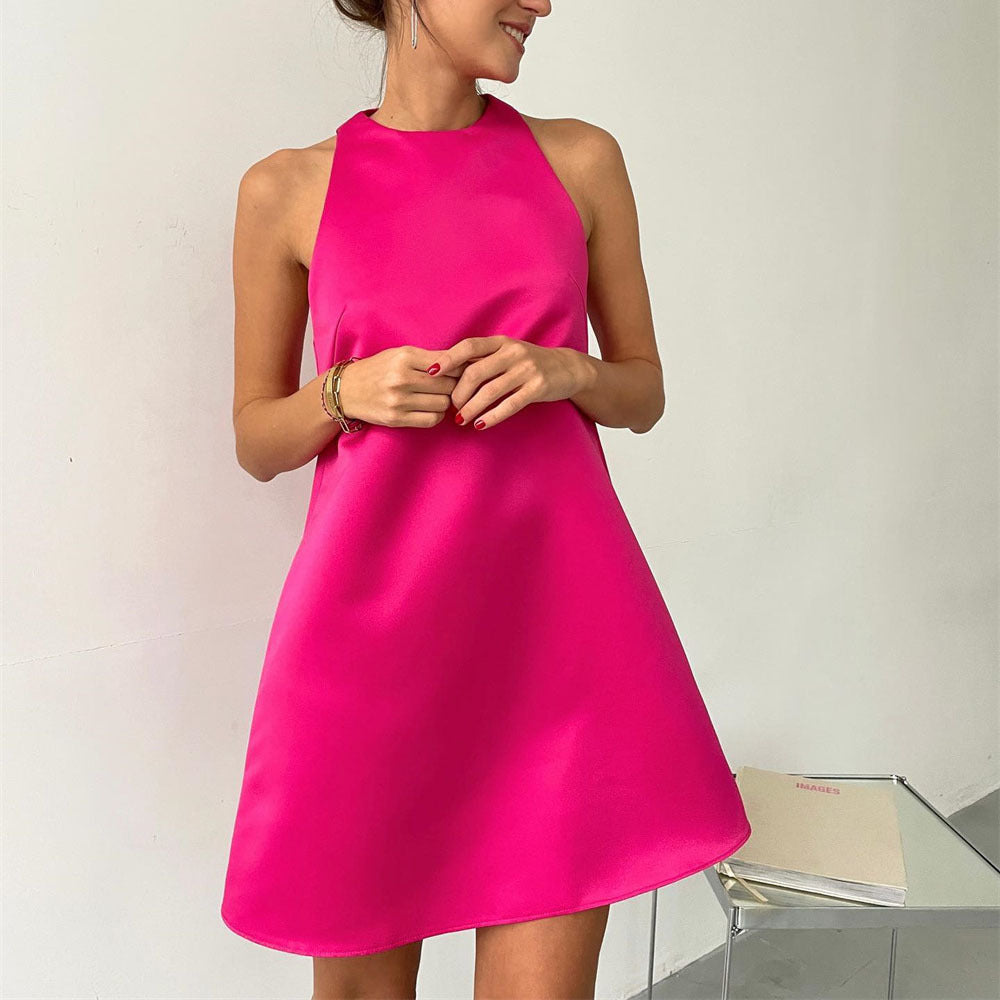 Spring Summer Satin Dress round Neck Sleeveless A line Sexy Party Dance Dress by Ragazza