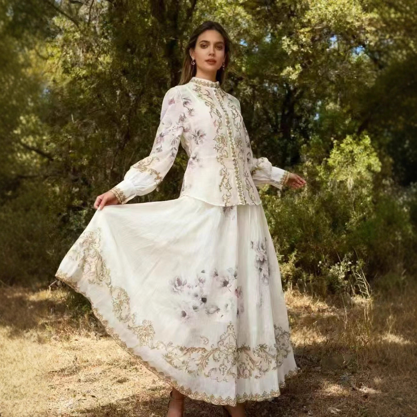 Long Sleeve Painted Skirt Set Spring Court Waist Slimming Printed Two Piece Sets Women by Ragazza