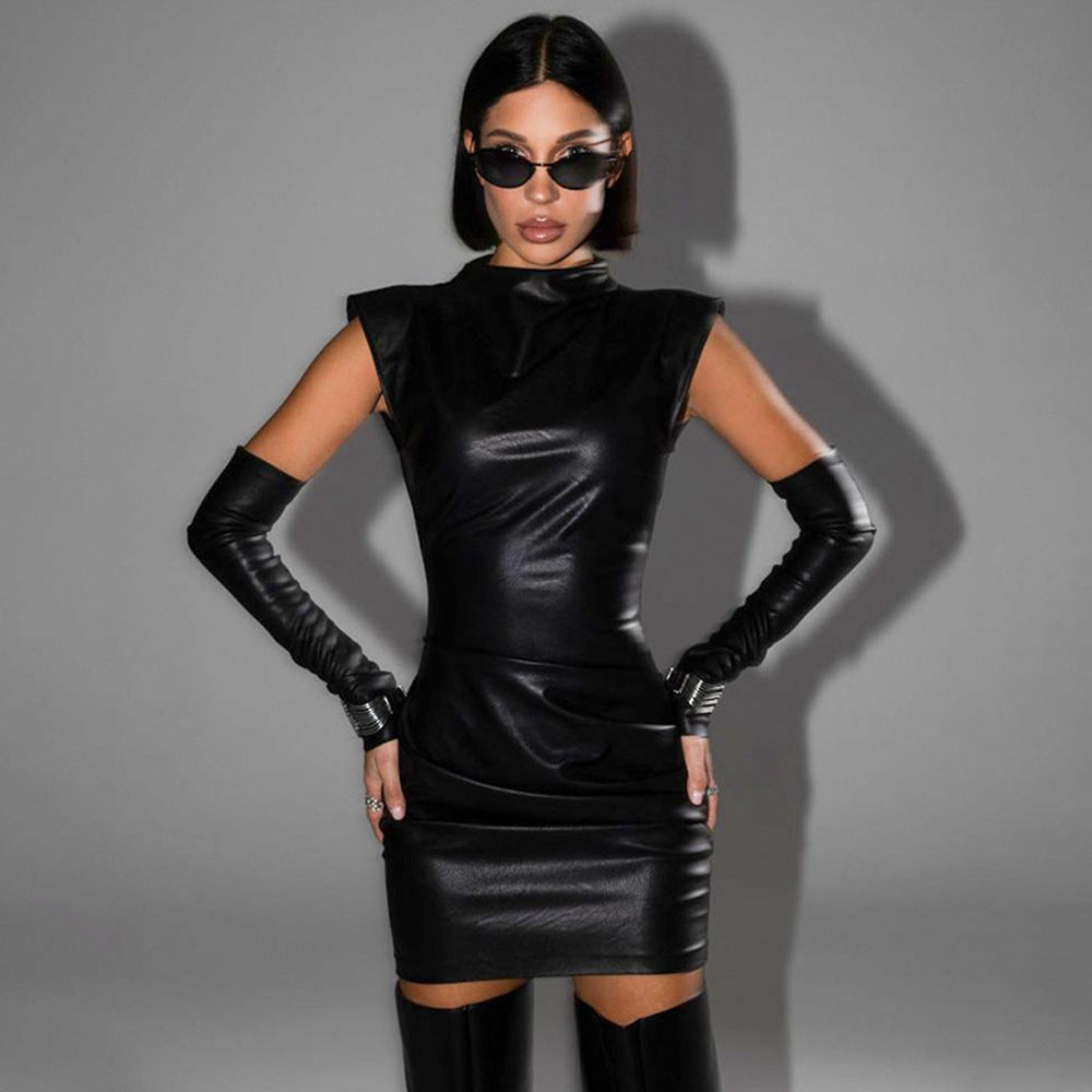 Women Clothing Street Hipster Faux Leather Stand Collar Sleeveless Oversleeve Sheath Pleated Dress by Ragazza