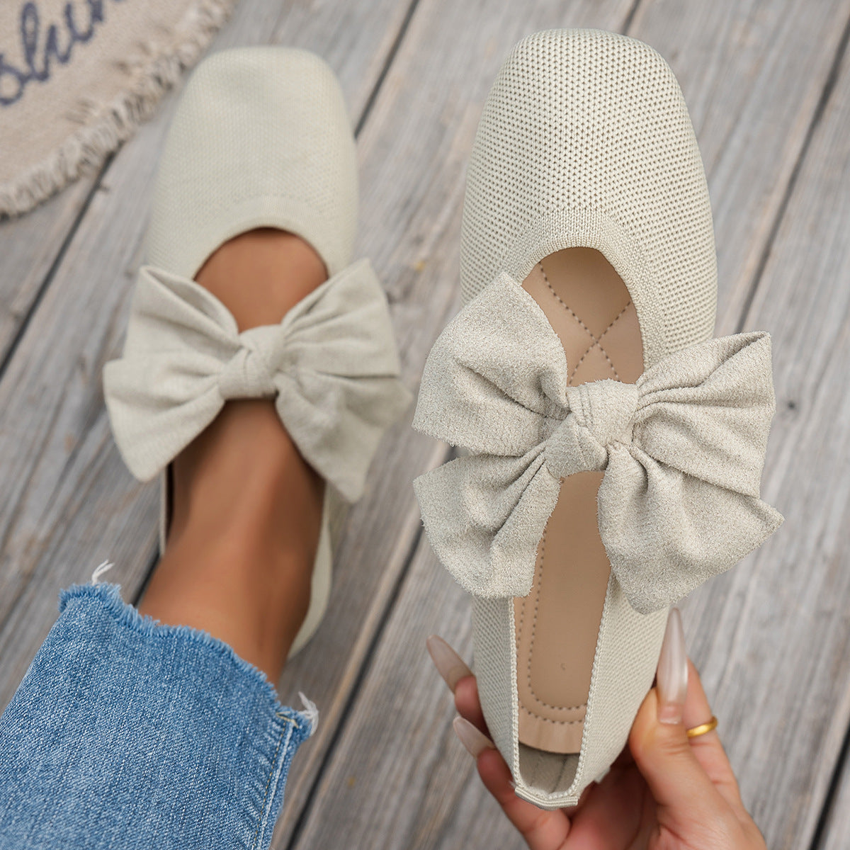 Autumn Bow Knitted Square Toe Flat Shoes Women Breathable Low Cut Tods Casual Shoes DestGlow