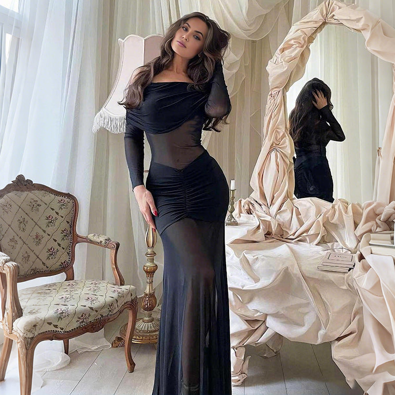 Autumn Winter Women Clothing Sexy Mesh See through off Shoulder Slim Fit Pleated Long Sleeved Dress for Women by Ragazza