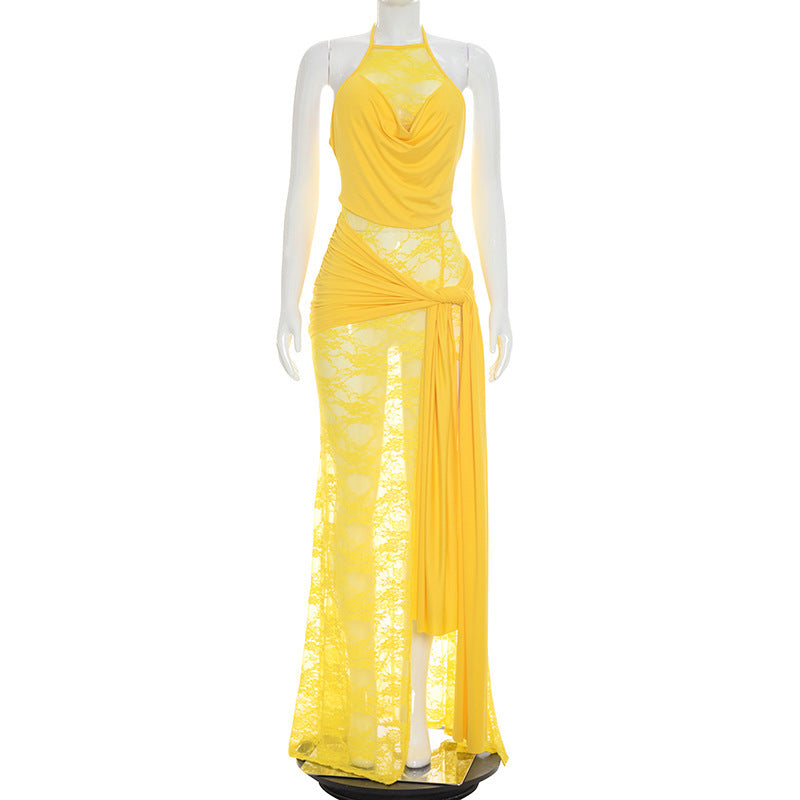 Women Clothing Summer Solid Color Lace Stitching Halter Swing Collar Slit Ribbon Maxi Dress DestGlow