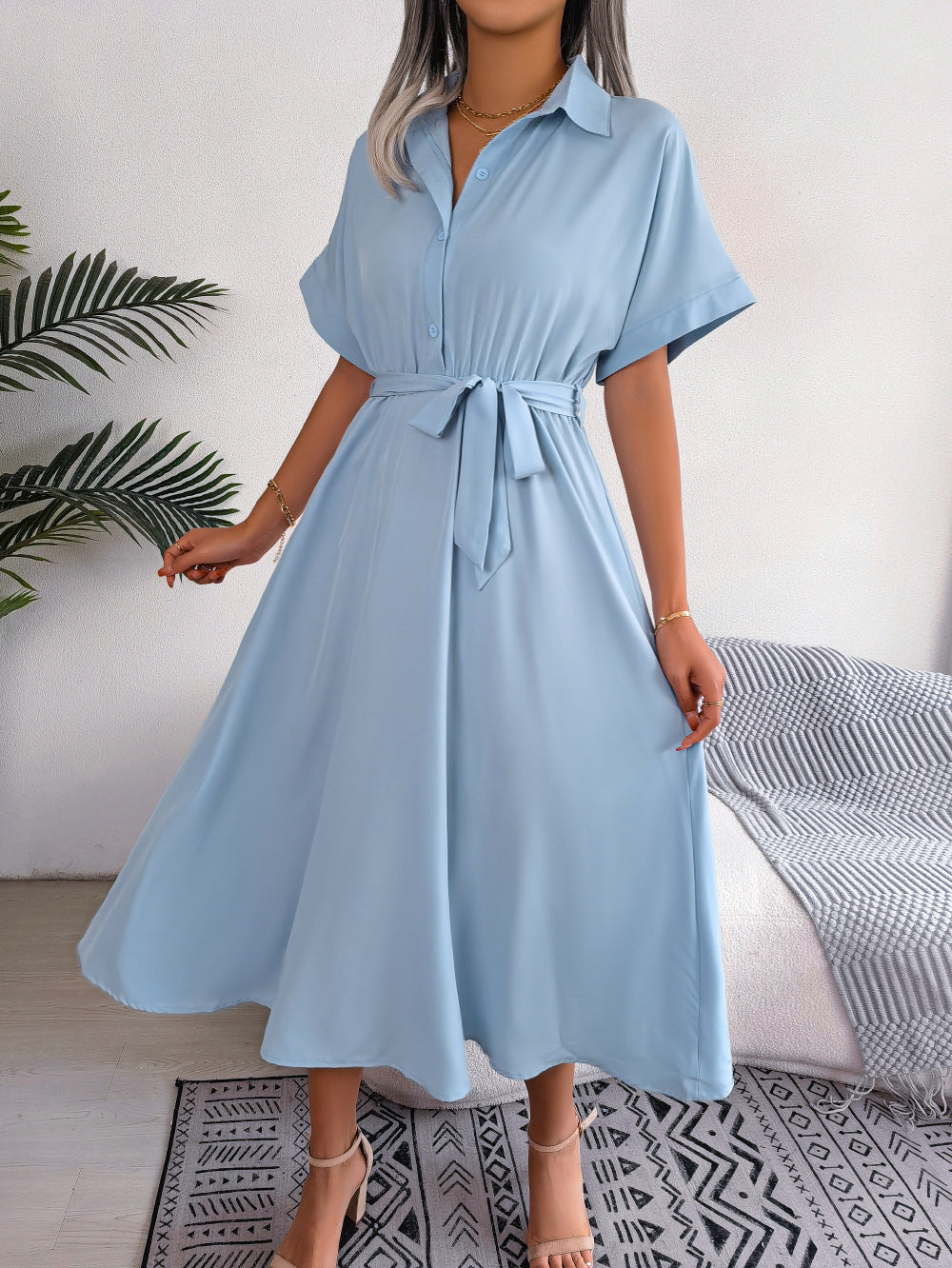 Summer Casual Loose Solid Color Tied Shirt Dress Maxi Dress Women Clothing by Ragazza