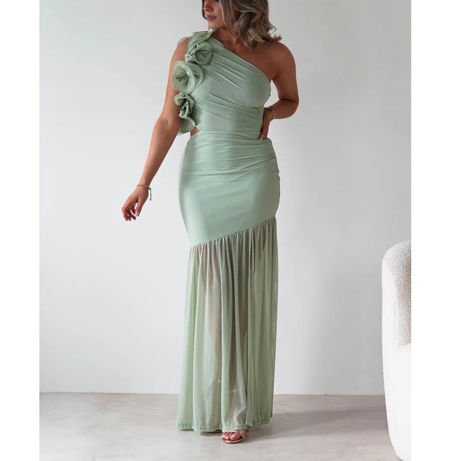 Autumn Winter Hollow Out Cutout out One Shoulder Ruffled Mesh Dress DestGlow