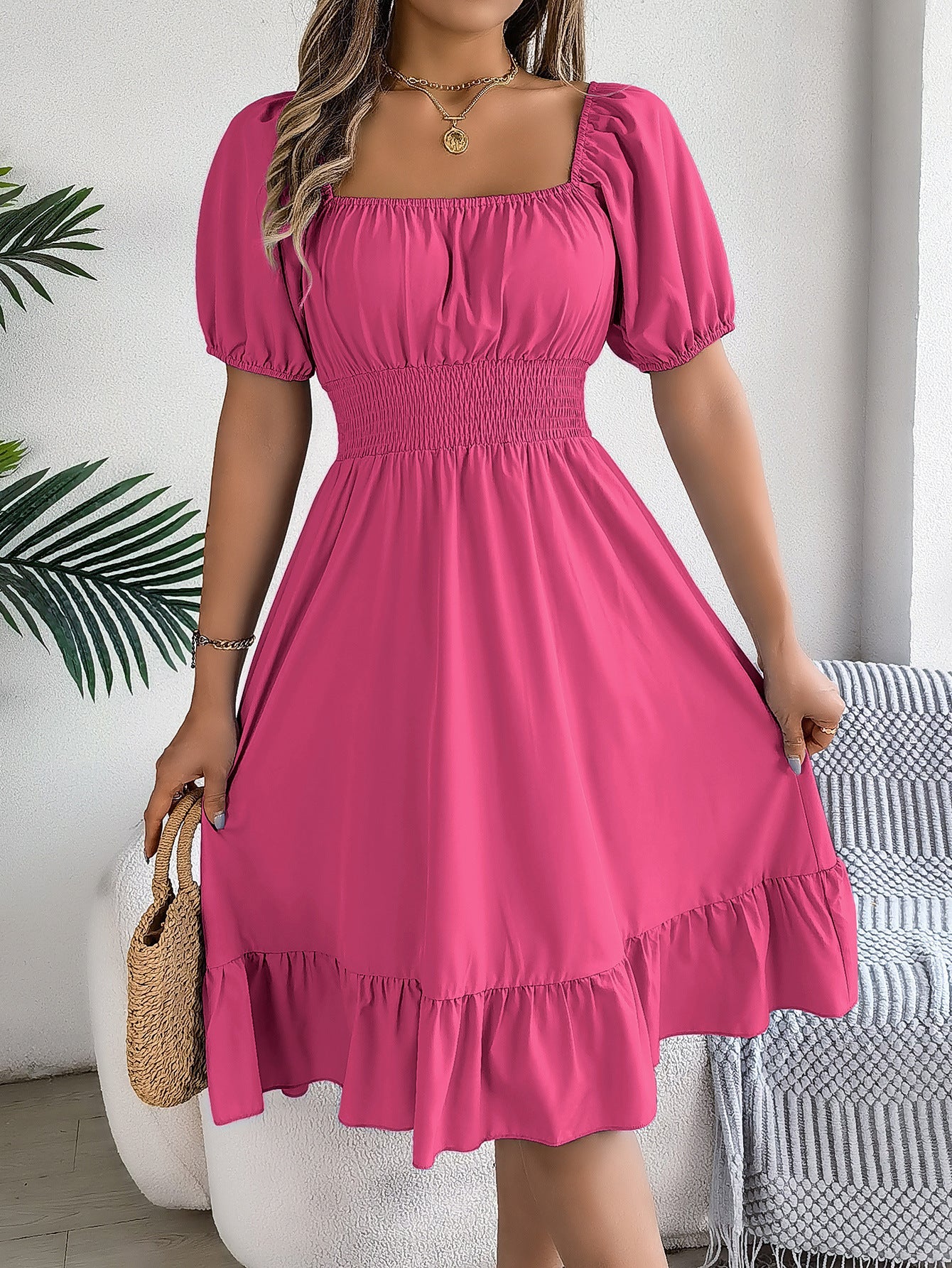 Spring Summer Casual Square Collar Short Sleeve Waist Trimming Ruffles A line Dress Women Clothing by Ragazza