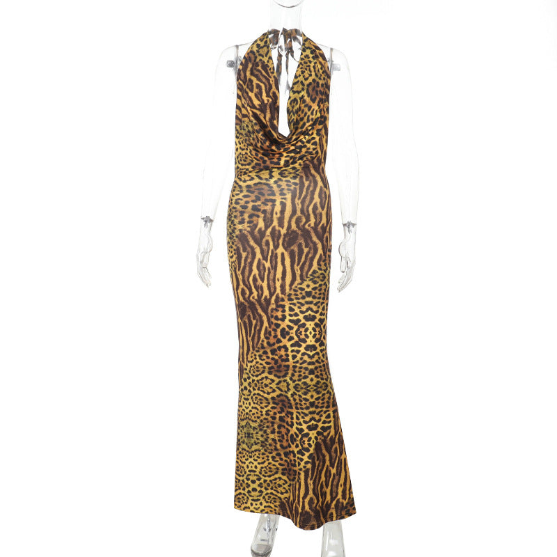Leopard Print Pockets Collar Sexy Backless Slim Fit Seaside Beach Jumpsuit by Ragazza