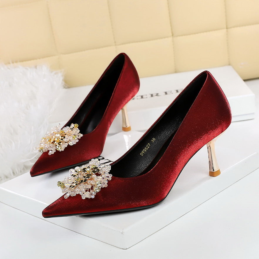 French Metal High Heel Women Shoes Rhinestone Floral Decoration Pointed Toe Satin Stiletto Heel Pumps Women DestGlow