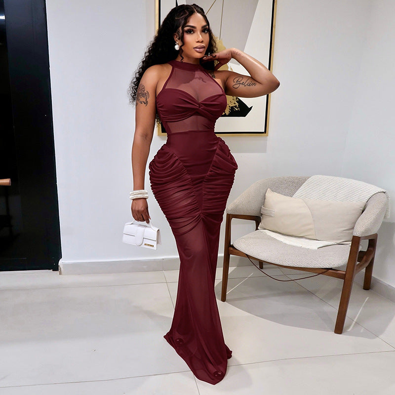 Women Clothing Summer Solid Color Casual Mesh Stitching Sleeveless Twisted Pleated Maxi Dress DestGlow