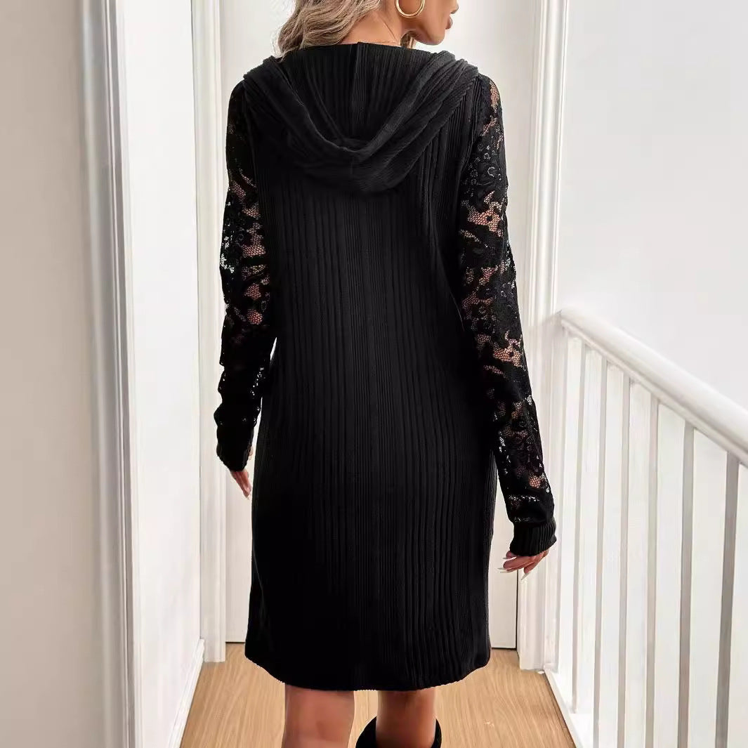 Autumn Winter Elegant Women Lace Patchwork Raglan Sleeve Hoodie with Drawstrings Casual Dress by Ragazza