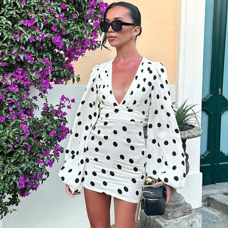 Polka Dot Printed Sexy Deep V Plunge neck Slim Fit Bell Sleeve Sheath Dress for Women by Ragazza