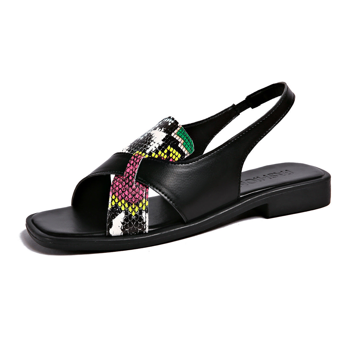 Leopard Print Color Matching Flat Open Toe Sandals Women Square Toe Mixed with Roman Beach Slippers DestGlow