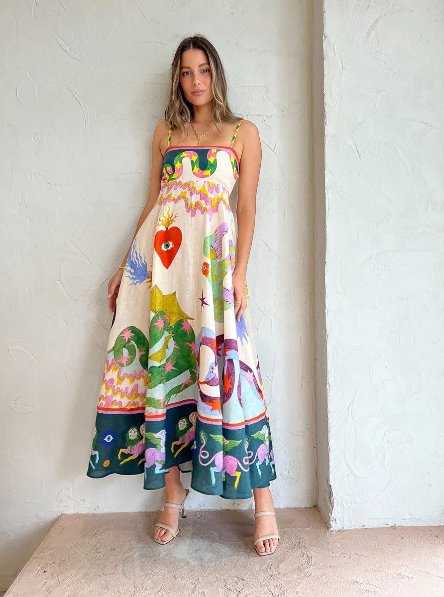 Dress Women Clothing Spaghetti Strap Floral Print Linen 9 Color Large Swing Dress by Ragazza