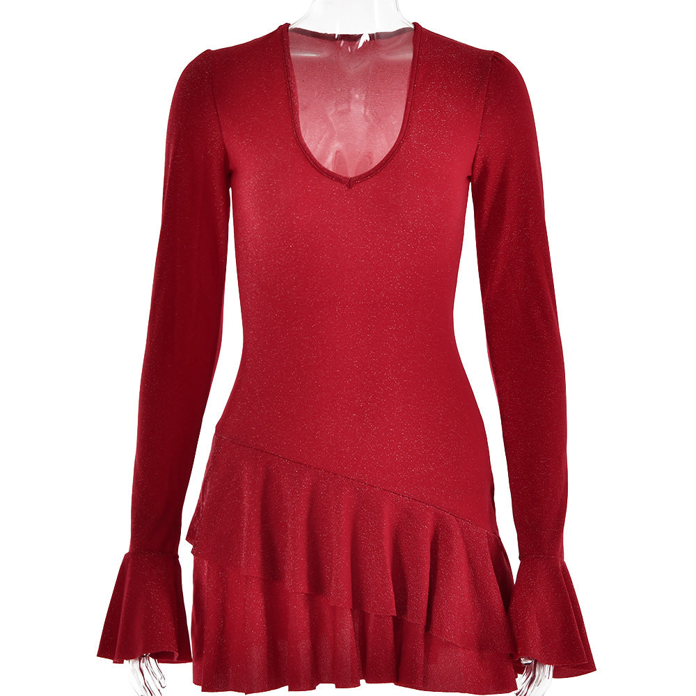 Autumn Deep V Plunge neck Dress Women Flared Sleeves Tight Sexy Sheath Dress by Ragazza