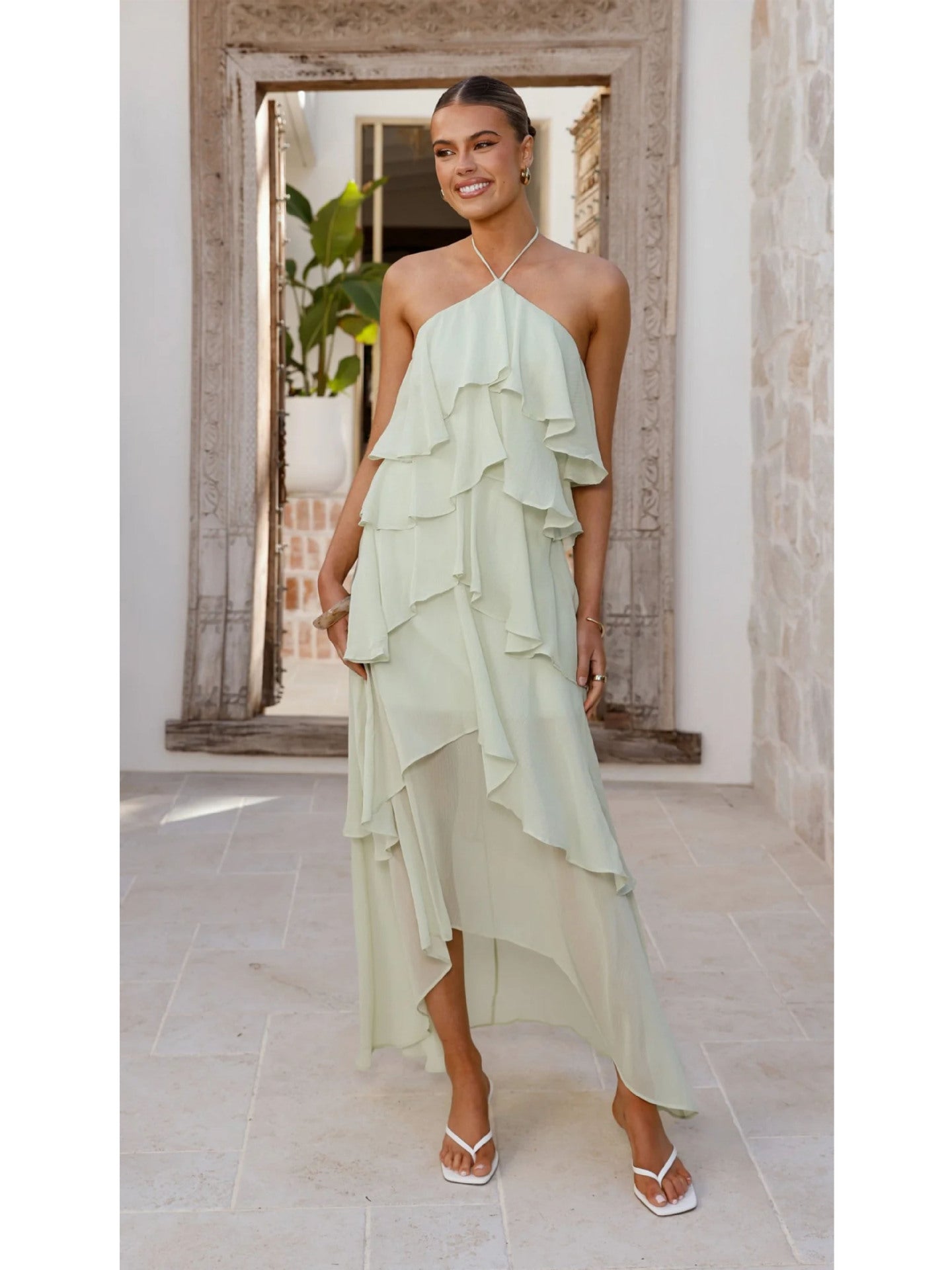 Goods Spring Summer Ruffled Elegant Halter Solid Color Cake Chiffon Dress by Ragazza