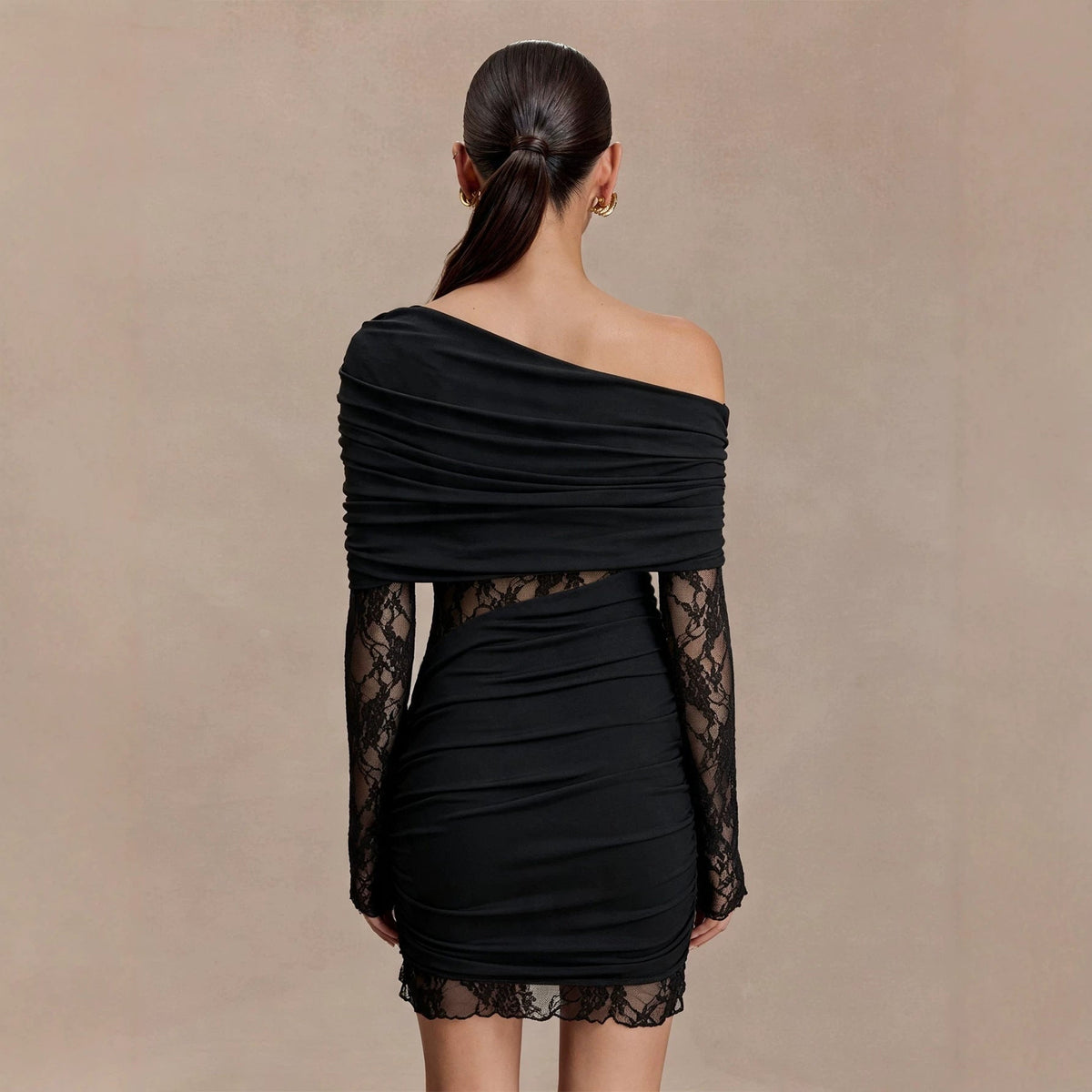 Sexy Shoulder Long Sleeve Dress Women Lace Patchwork Waist Slimming Slimming Hip Dress DestGlow