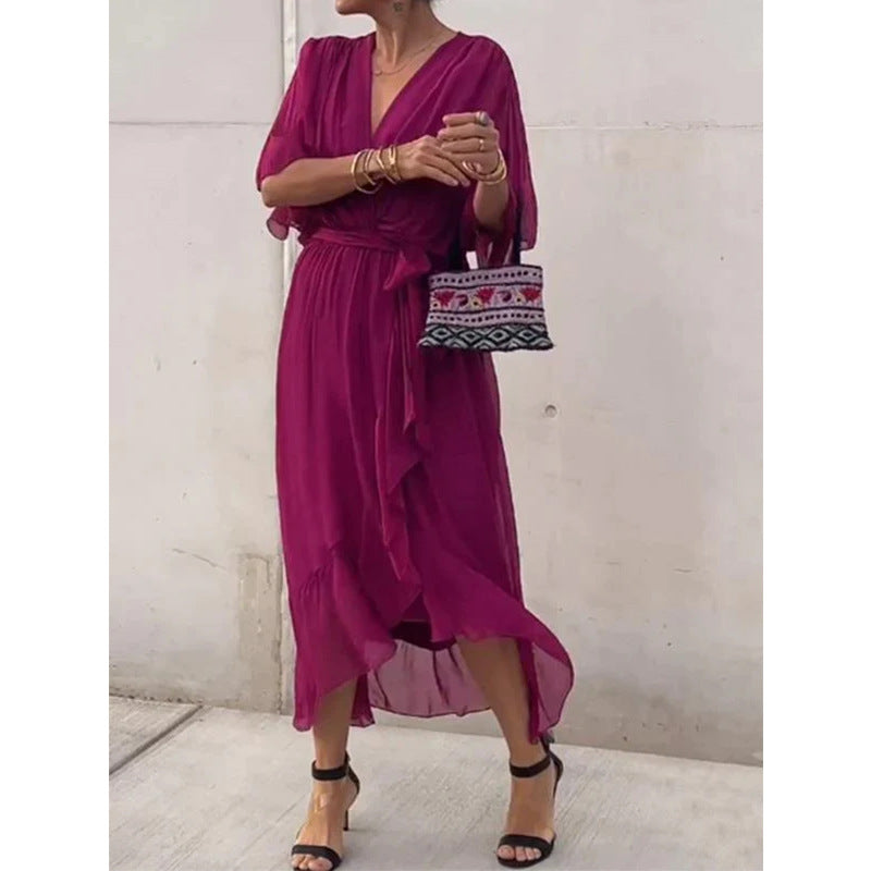 Women Clothing Solid Color Tied Maxi Dress Batwing Sleeve Irregular Asymmetric Dress by Ragazza