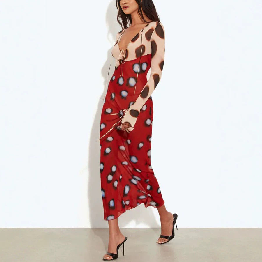 Mesh Printed Lace up Long Sleeve Dress Stretch See through Women Dress DestGlow