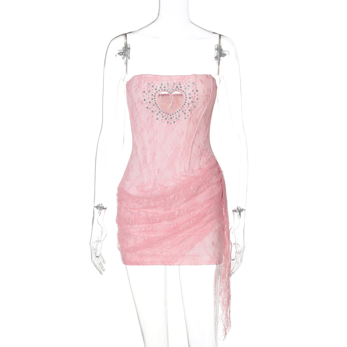 Women Clothing Rhinestone Hollow Out Cutout out Love Sexy Tube Top Stitching Lace Sheath Dress by Ragazza