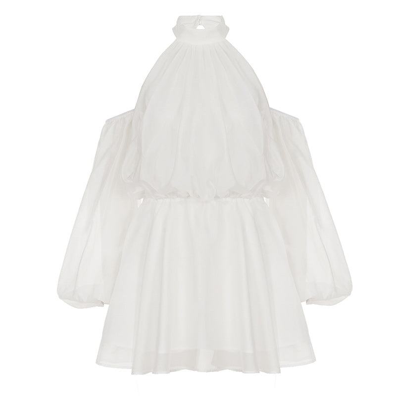 French Elegant Socialite off Shoulder Halter Hollow Out Cutout Backless Dress Fashionable Island Vacation Light Pettiskirt Women DestGlow