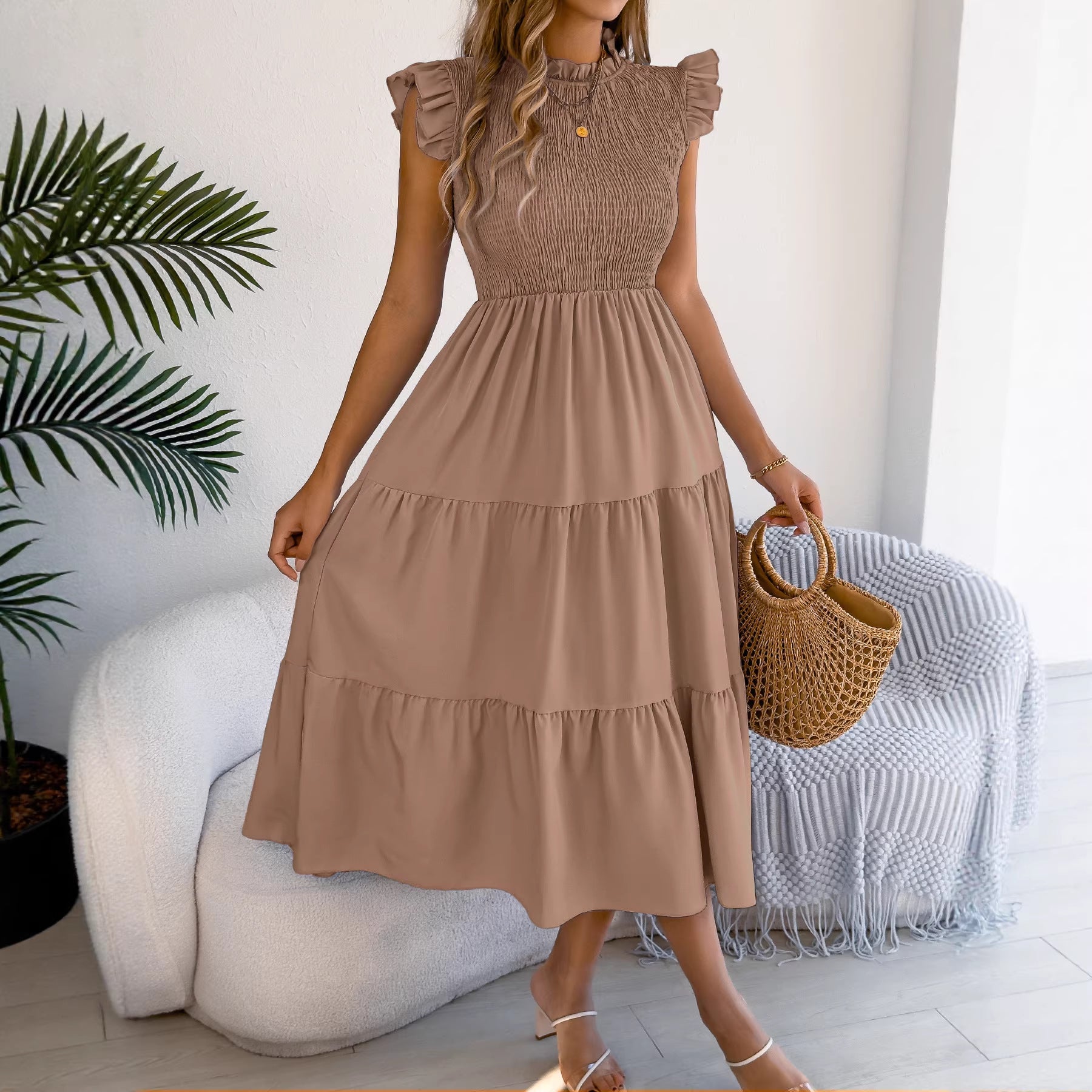 Women Clothing Spring Summer Solid Color Stringy Selvedge Flying Sleeves Smocking Waist-Slimming Maxi Dress by Ragazza