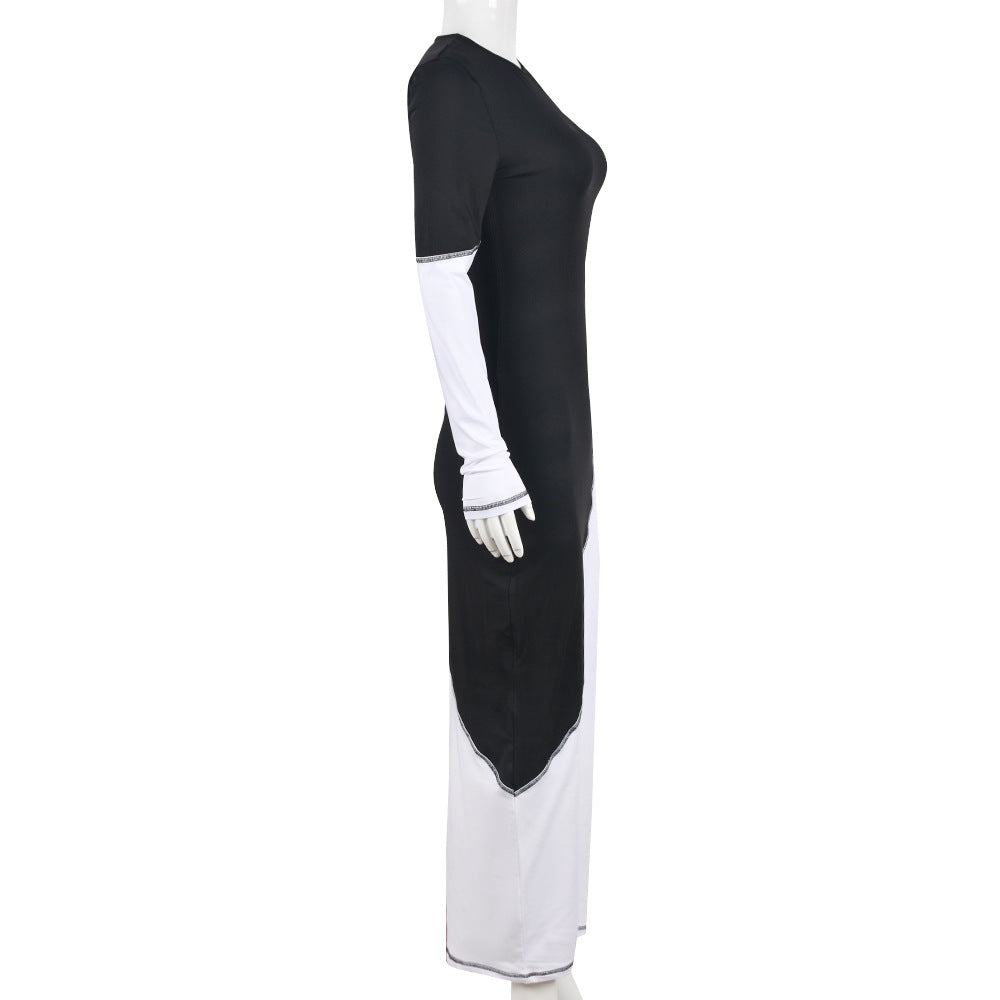 Women Clothing Spring Summer Contrast Color Slim Fit Single Side Long Sleeve Maxi Dress by Ragazza