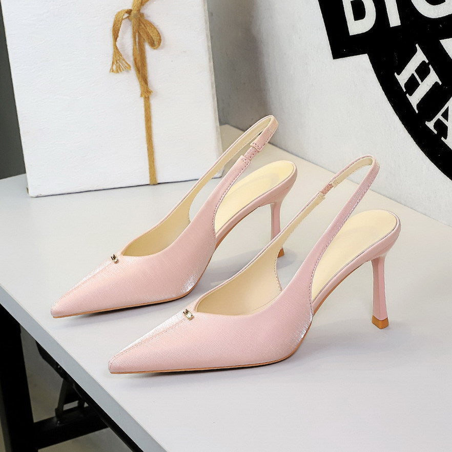 French Sweet Metal Decoration Pointed Toe Shallow Mouth V Buckle Back Empty Back Strap Stiletto Heel High Heels for Women