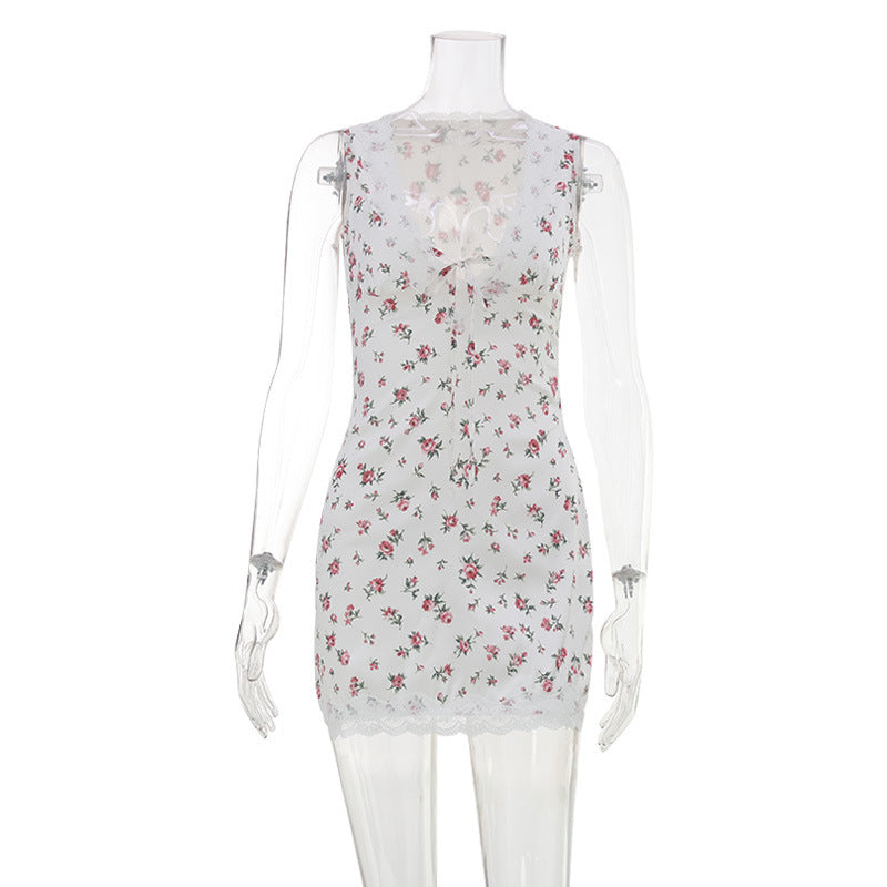 French Romantic Sexy Deep V Plunge Lace up Sleeveless Lace Trim Slim Floral Print Sexy Short Dress for Women DestGlow