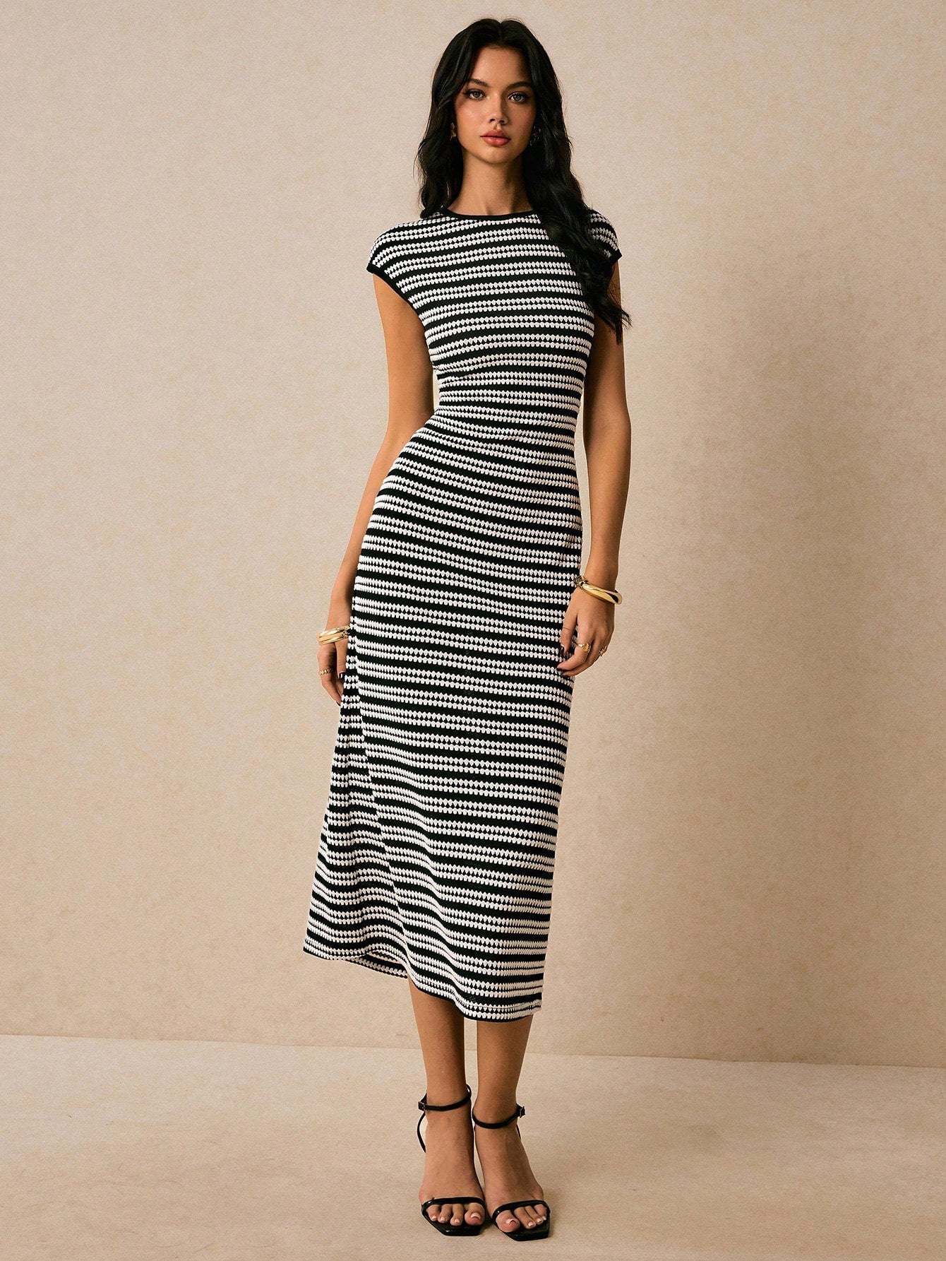 Casual Multicolor Striped Waist round Neck Short Sleeve Long Pattern Women Dress DestGlow