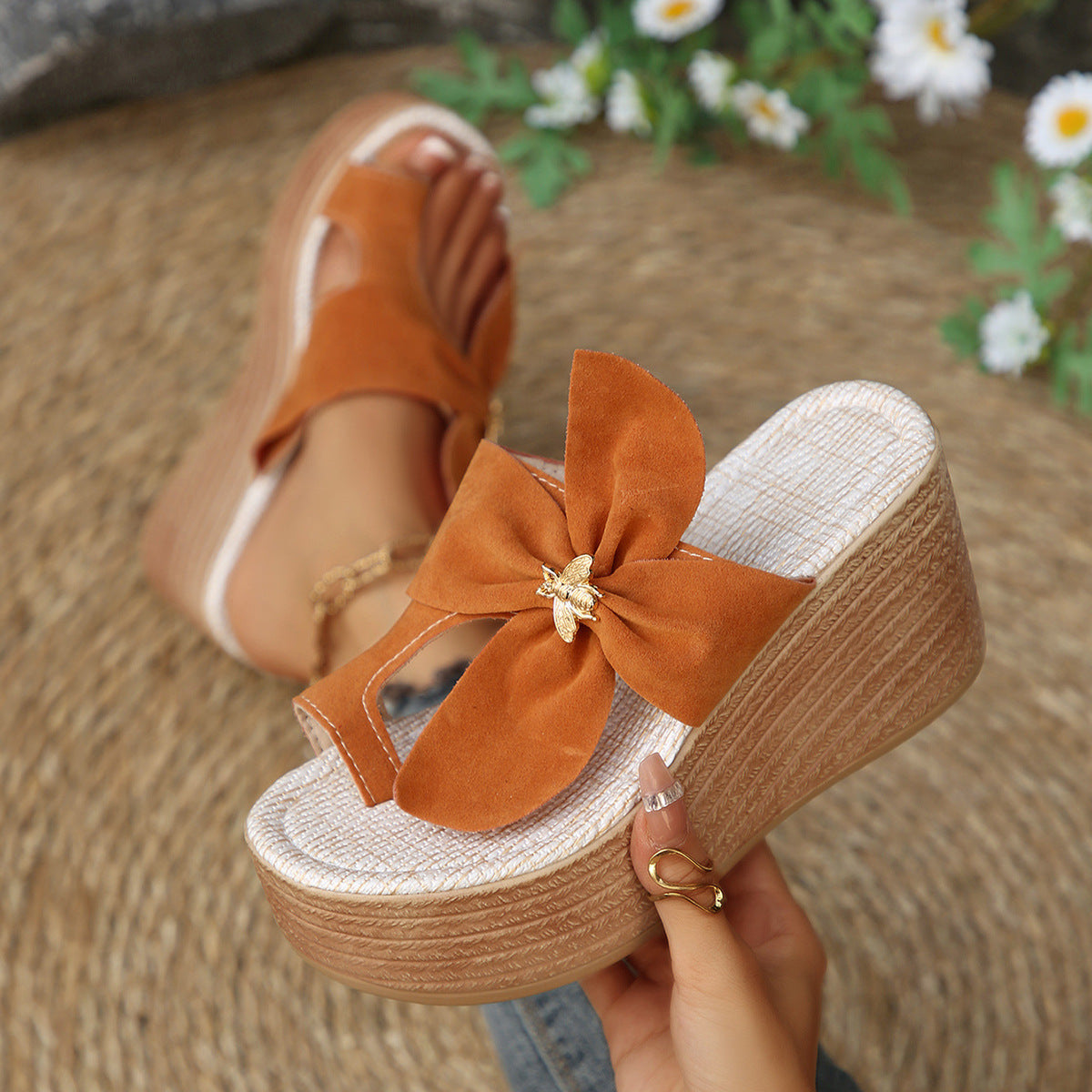 Metal Buckle Suede Toe Covering Wedge Slippers Women Bow Platform Muffin Beach Sandals DestGlow