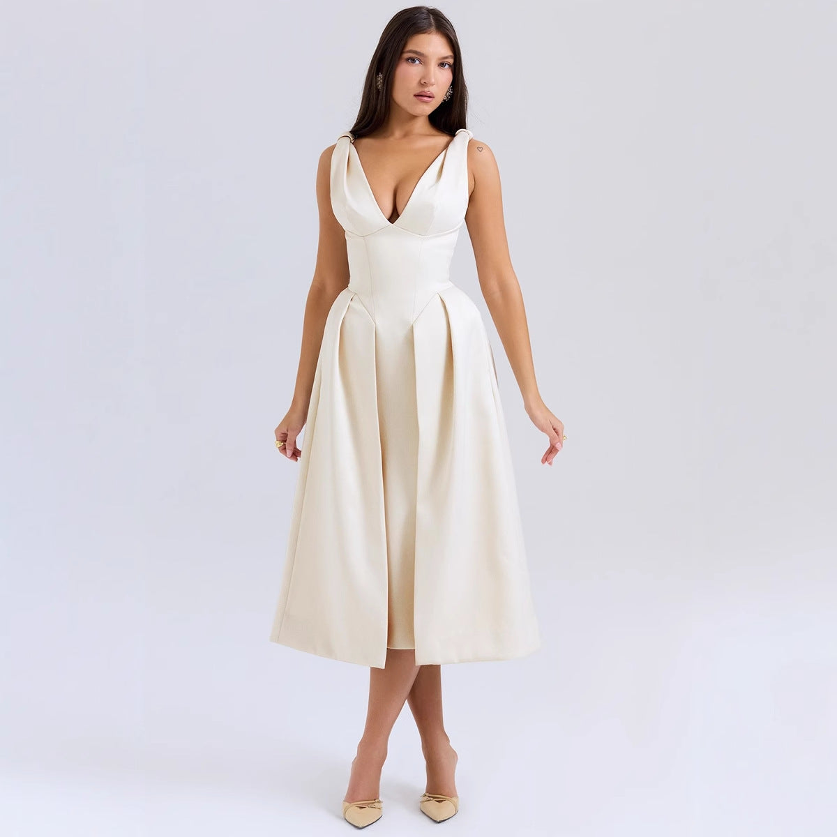 Summer Slim Strap Dress Solid Color V neck Elegant Dress by Ragazza