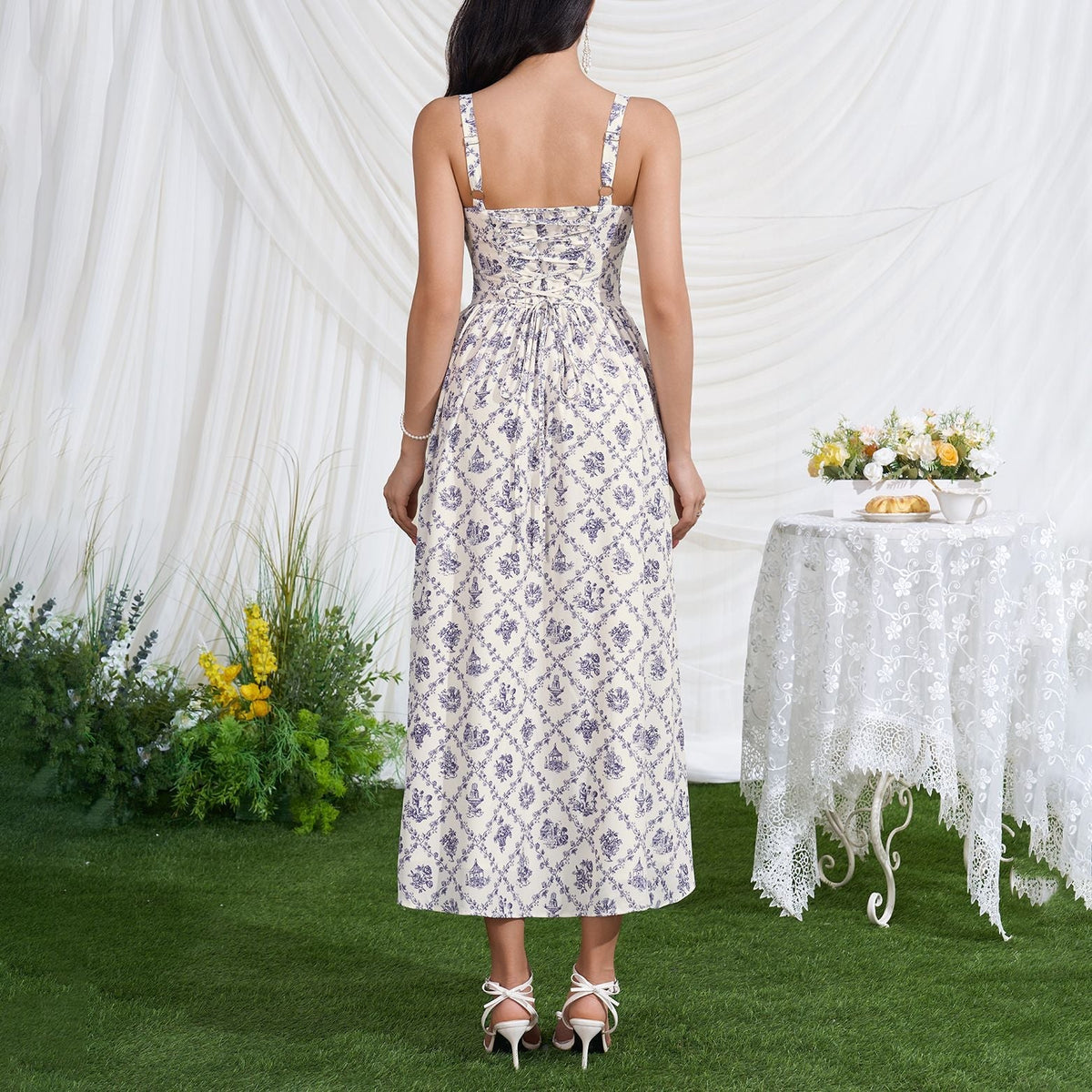 Printed Summer Slip Dress Sexy Backless Lace up Tight Waist High Slit Midi Dress DestGlow