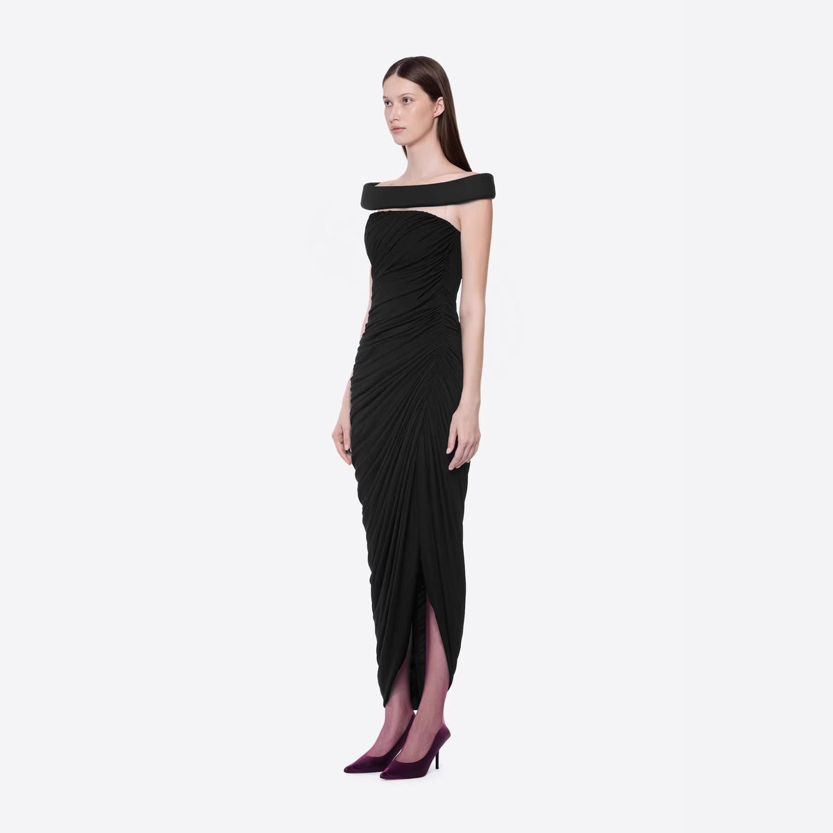 Sexy off the Shoulder Side Slit Draping Effect Pleated Slim Fit Dinner Birthday Party Dress DestGlow
