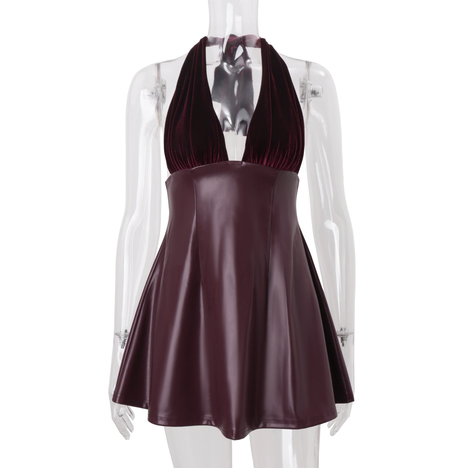 Women Clothing Fall Sexy V neck Low Cut Halter Backless Faux Leather Stitching Dress by Ragazza