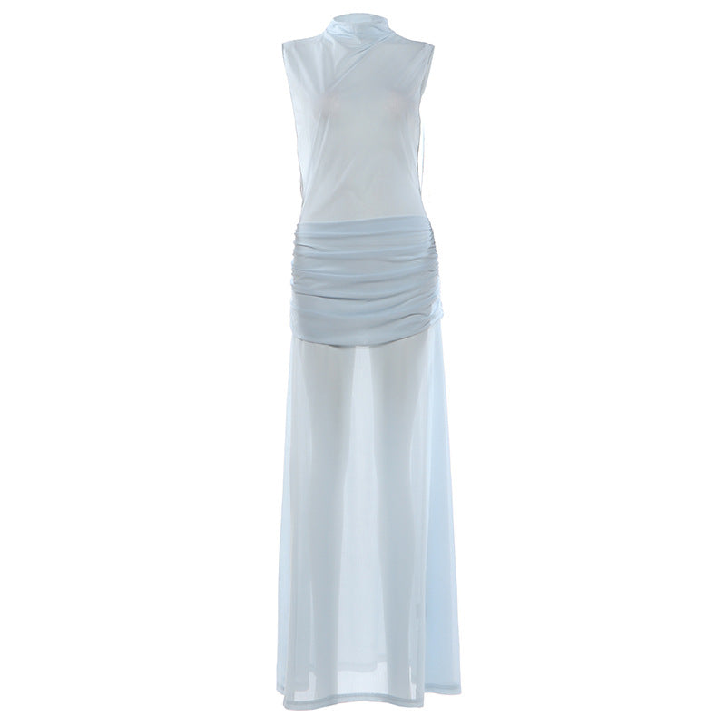 Spring Women Solid Color Slim Fit Elegant Graceful Stand Collar Sleeveless High Waist Sexy Dress by Ragazza