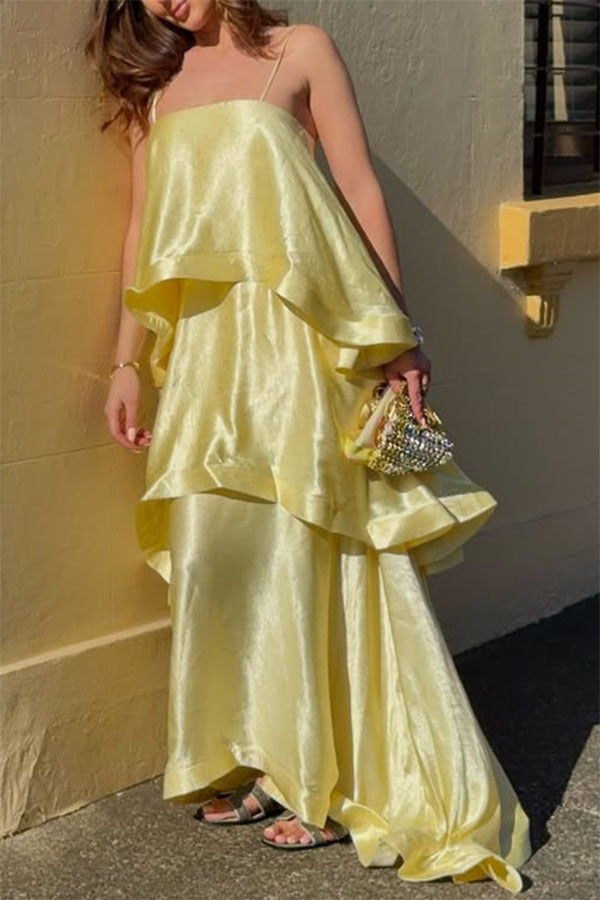 Spring Summer Satin Sling Multi Layer Dress Casual Loose Vacation Dress DestGlow