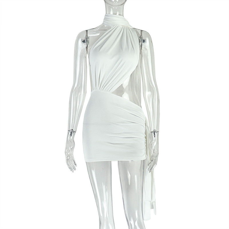 Street Women Wear Stitched Backless Solid Color Hip Lace up Pleated Asymmetric Dress by Ragazza