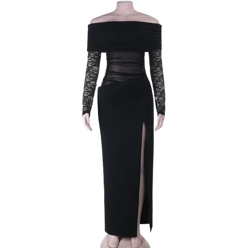 Autumn Sexy Sheer Mesh Lace off Shoulder Wrapped Chest Nipped Waist Sheath Dress