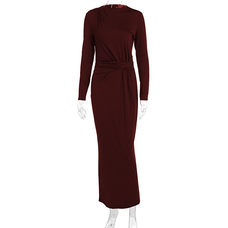 Autumn Women Long Sleeve Fitted Waist Pleated Slim Maxi Dress by Ragazza