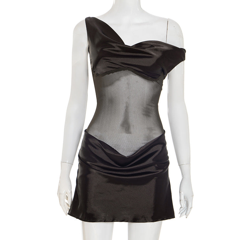 Women Clothing Summer Artificial Silk Stitching Mesh Sloping Shoulder Dress by Ragazza