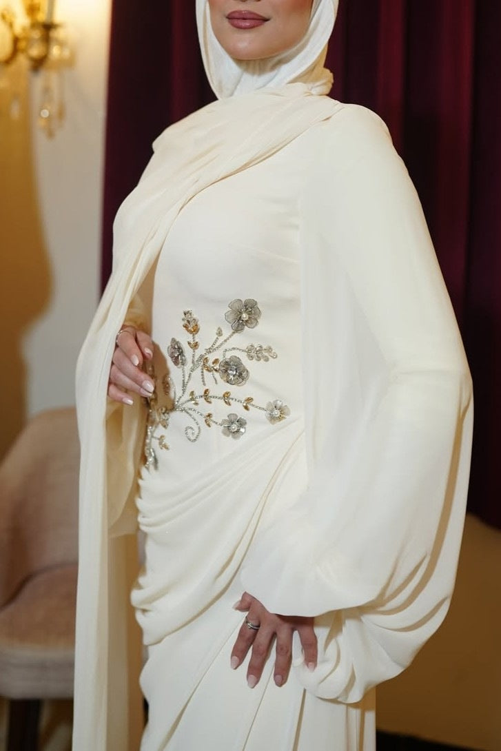 Chiffon Diamond Decorations Floral Long Sleeve Narrow Large Swing Elegant Dress DestGlow