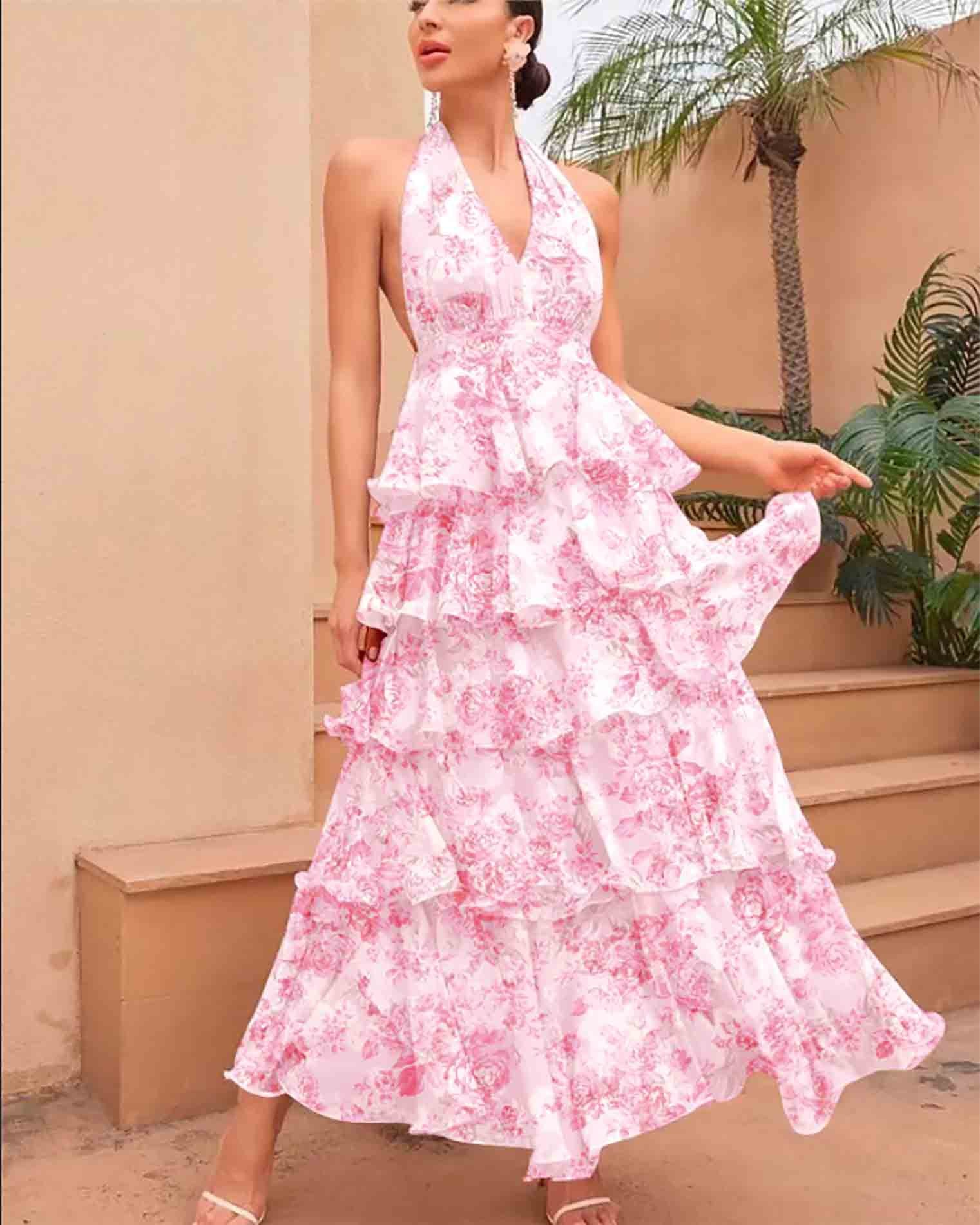 Spring Women Clothing Dress Sexy V neck Sling Multi Layer Printing Dress by Ragazza