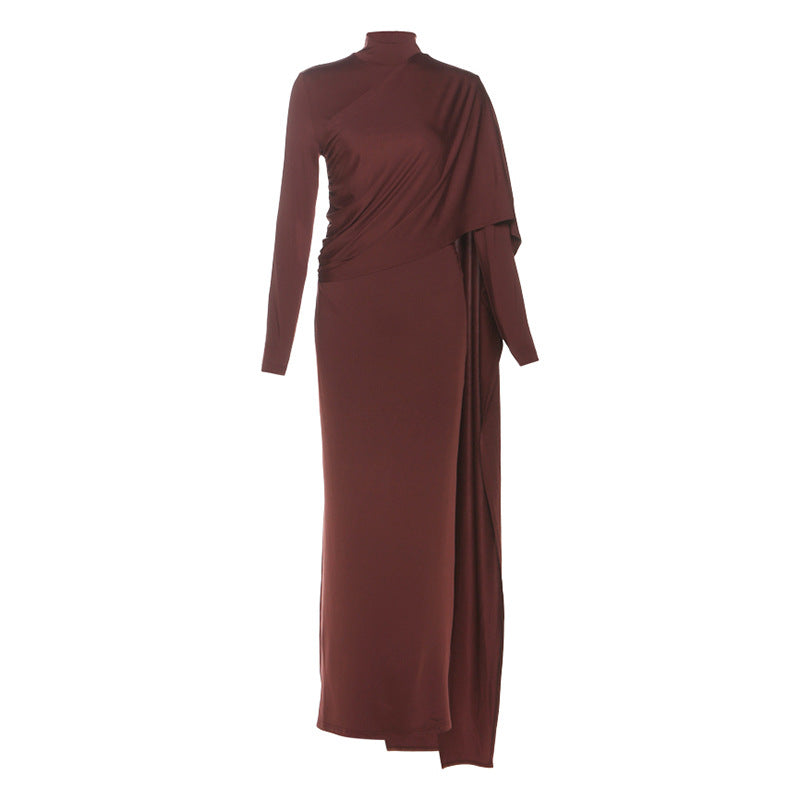 Women Wear Autumn Solid Color Elegant Lady Turtleneck Long Sleeve Tight Waist Sheath Ribbon Dress by Ragazza