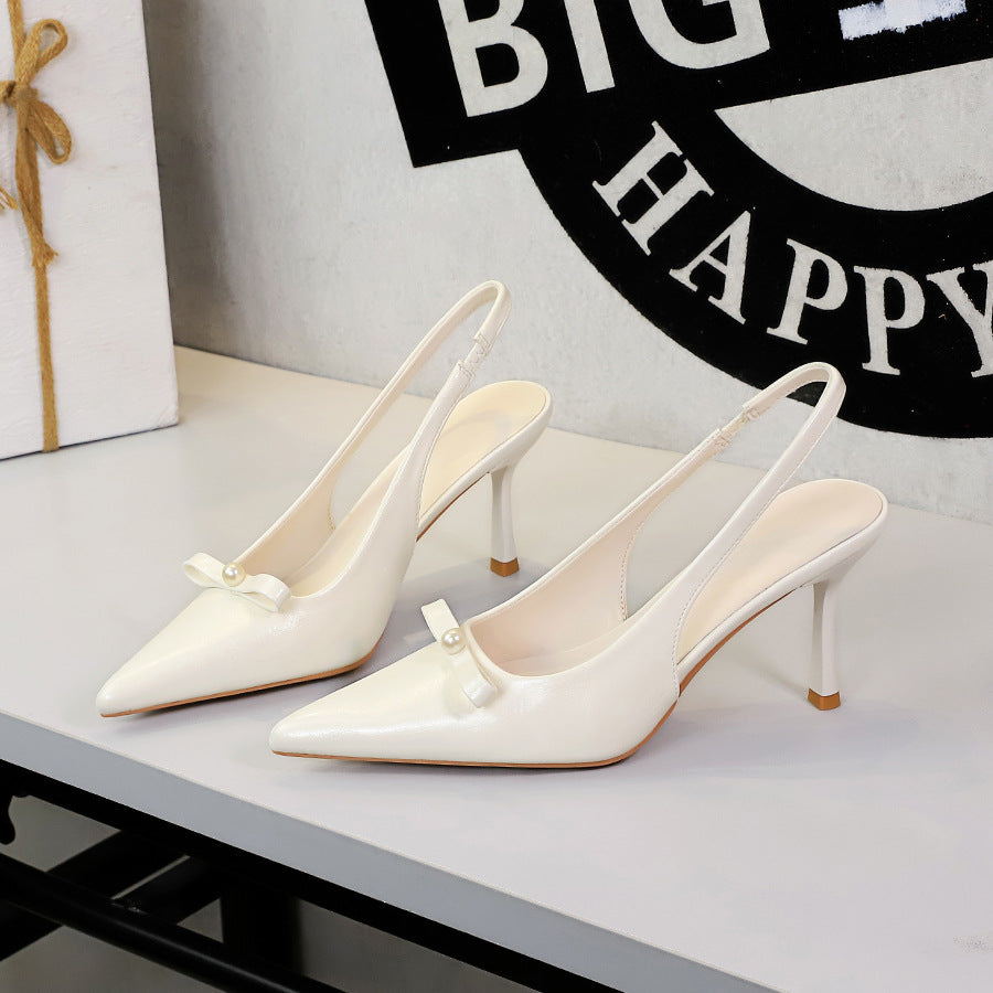 Fashionable Back Empty Back Strap Women Shoes Pointed Toe Low Cut Bowknot Patent Leather Hollow Out Cutout Stiletto Heel DestGlow