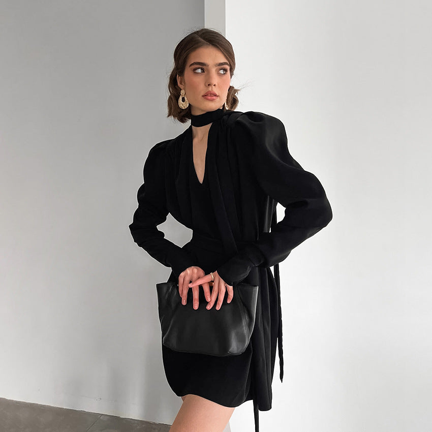 Fall V Neck Puff Sleeve Dress Black Long Sleeve Chiffon Dress Women Clothing by Ragazza