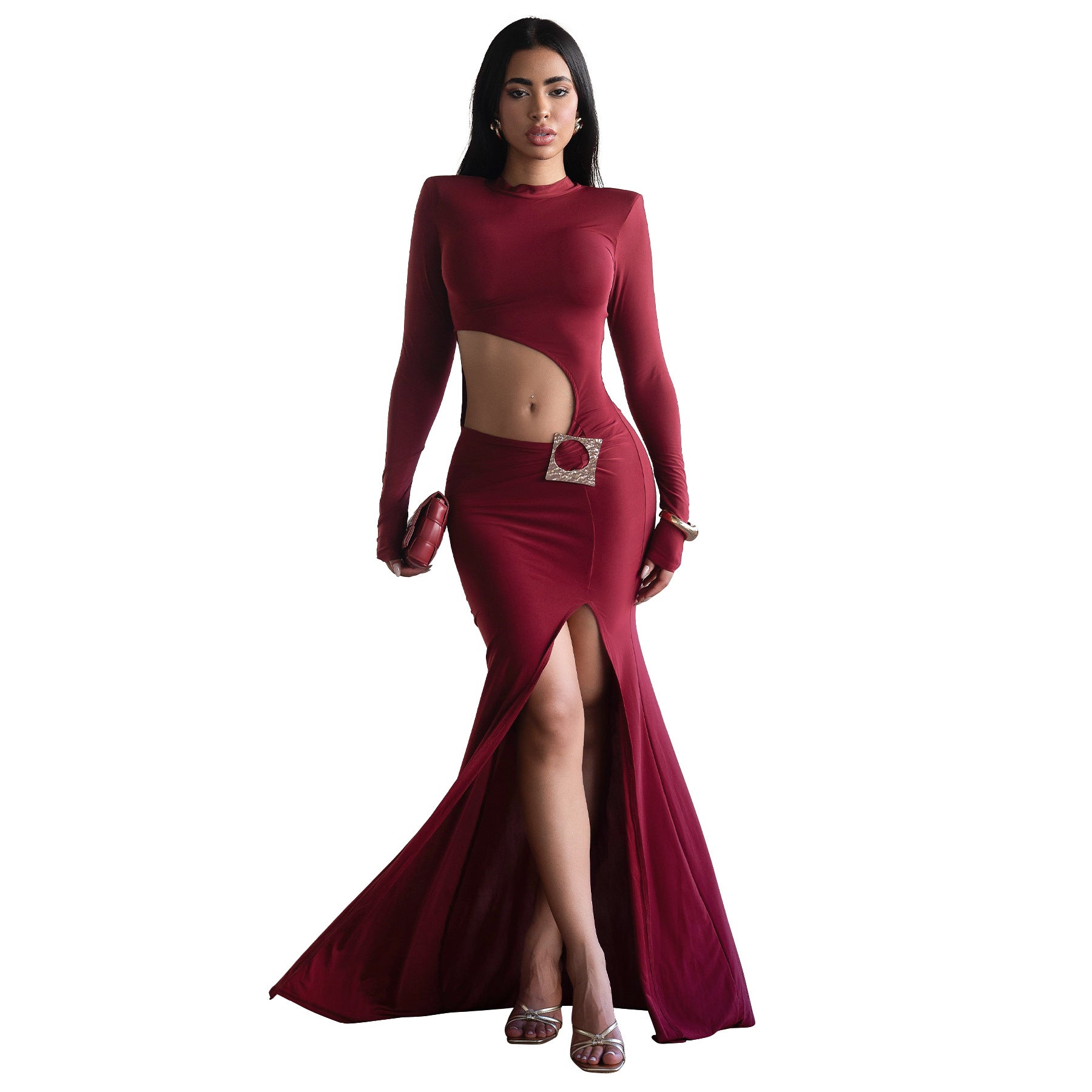 Women Clothing Fall Sexy Cropped Round Neck Long Sleeved Dress by Ragazza