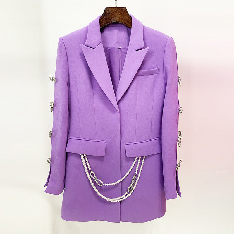 Dyed Fabric Dignified Sense of Design Sleeve Hollow Out Cutout Jeweled Bow Pearl Blazer Dress by Ragazza