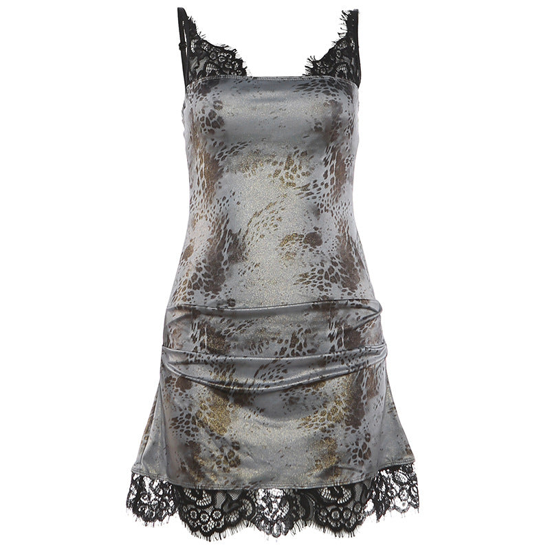 Spring Summer Women Sexy Spaghetti Strap Floral Print Contrast Color Lace Slim Fit Dress For Women DestGlow