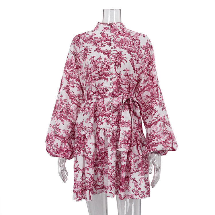 Early Spring National Ink Printing Short Dress Puff Sleeve Stand Up Collar Tie Retro A Line Dress by Ragazza