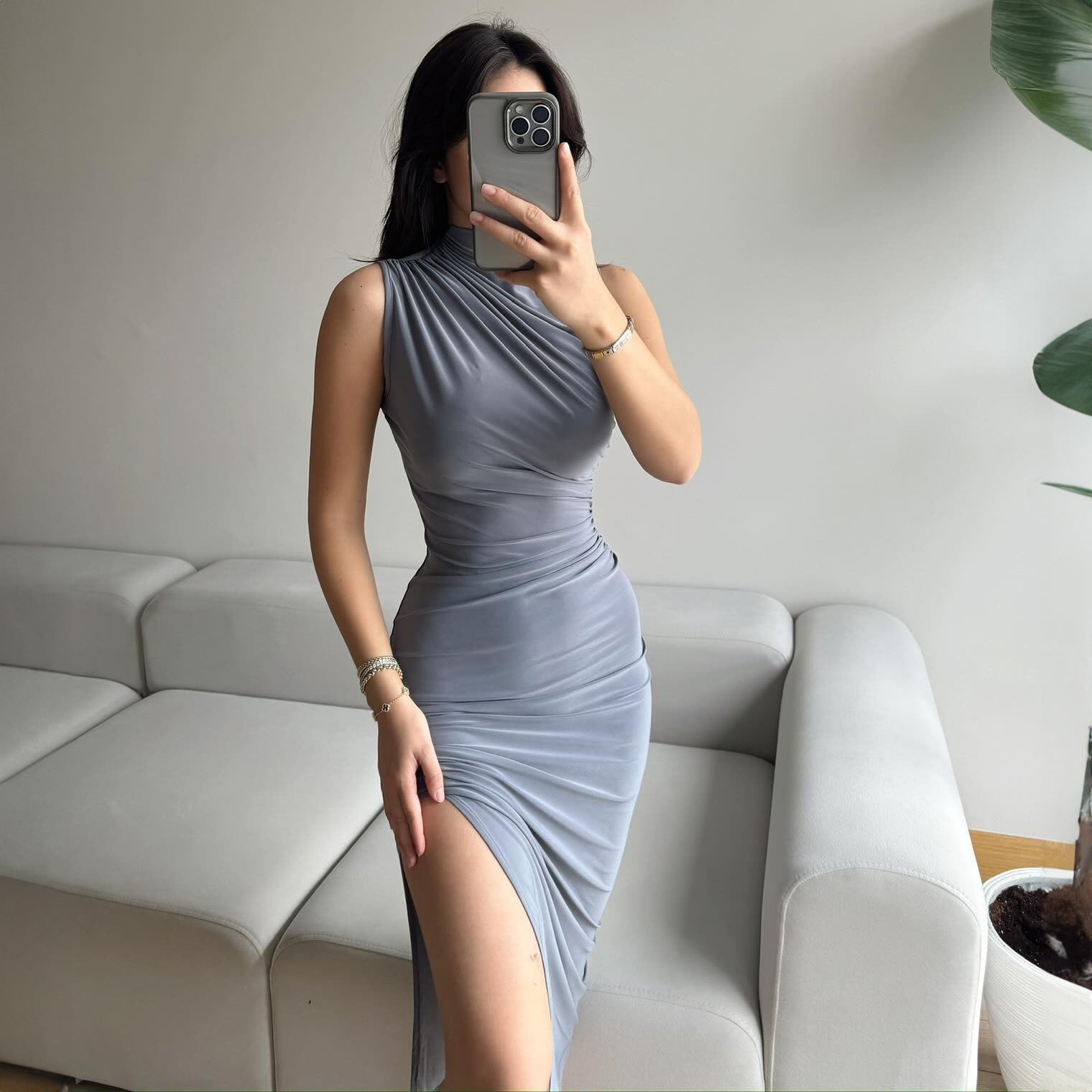 Summer Solid Color Split High Waist Slim Sexy Sleeveless Long Women Clothing Dress by Ragazza